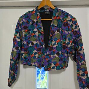 Women's Short Jacket Rayon Abstract Print Large Lined Button Front Purple 1990s